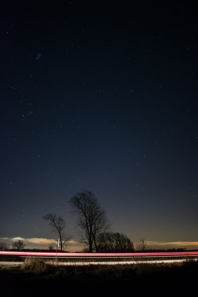 星夜下车辆穿越光秃秃树木的延时摄影